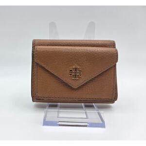 Tory Burch Tan Pebbled Leather Tri-Fold Mini Wallet Gold Logo Compact Wallet
